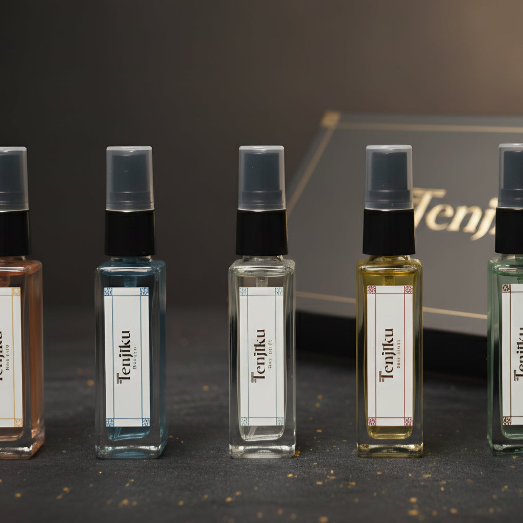 Five small bottles of Tenjiku perfume on a dark surface with a branded box in the background.