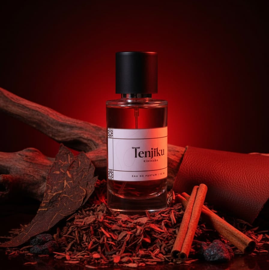 Perfume bottle labeled 'Tenjiku' with cinnamon sticks and dried leaves on a red background